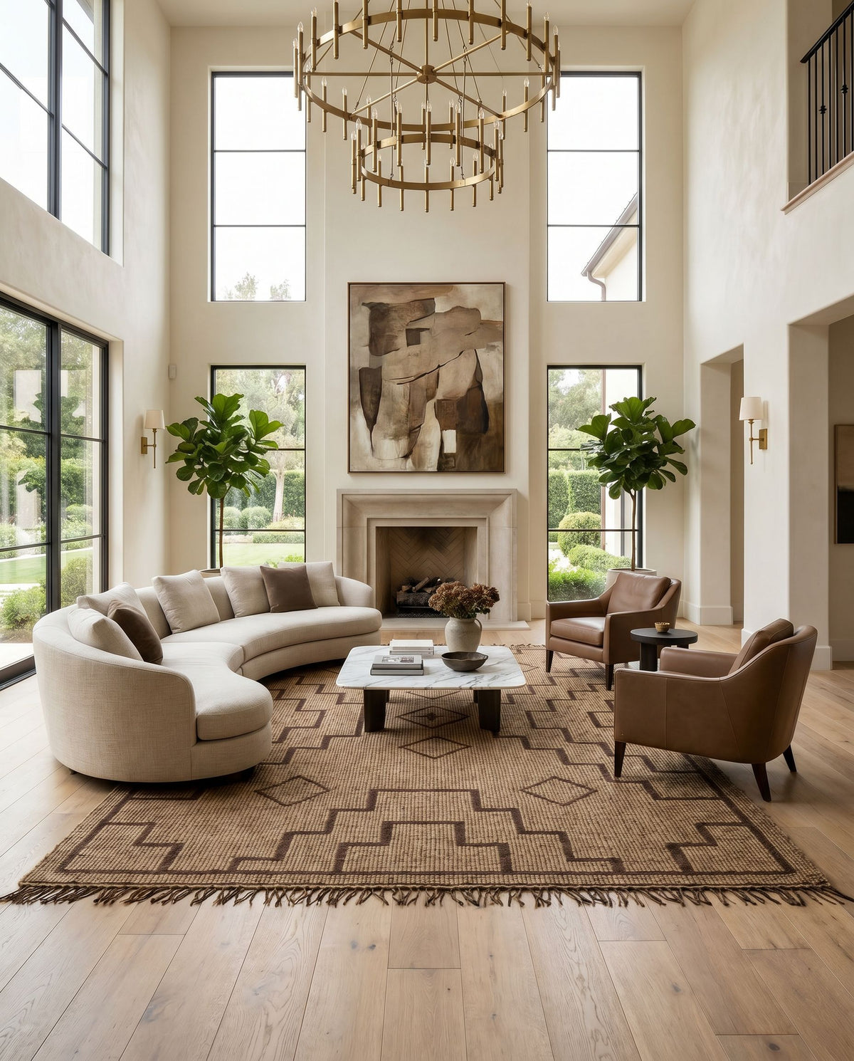 Touareg TOG-2301 Hand Woven Rug as the centerpiece of a bright luxury living room — a hand woven global area rug in tan, dark brown and charcoal tones