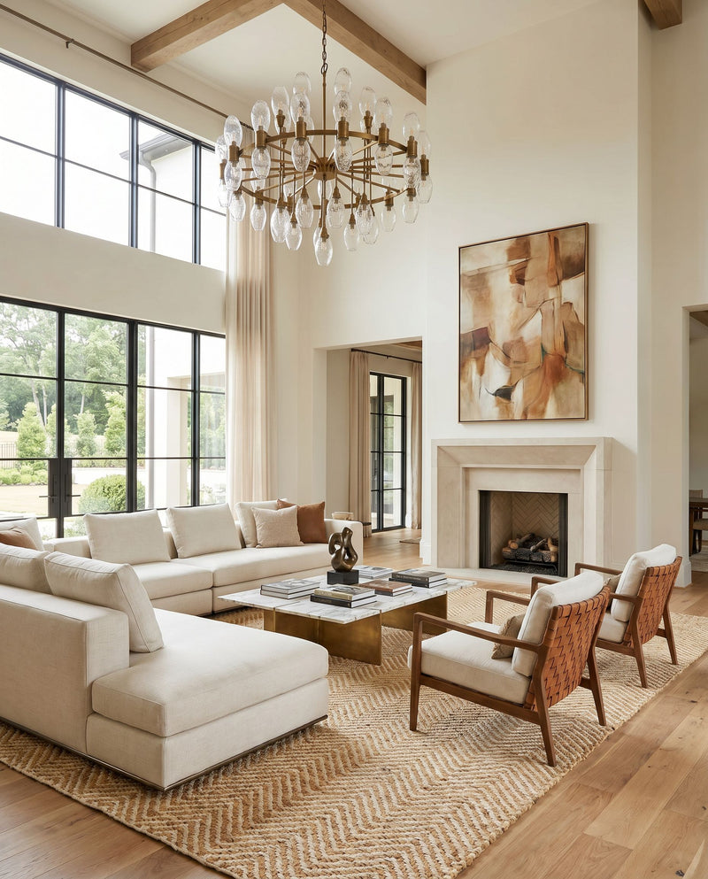 Kerala KER-2302 Hand Woven Rug as the centerpiece of a bright luxury living room — a hand woven cottage area rug in light beige and tan tones