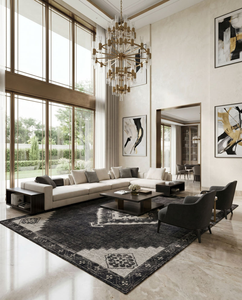 Burnley BUY-2300 Hand Knotted Rug as the centerpiece of a bright luxury living room — a hand knotted traditional area rug in black and light beige tones