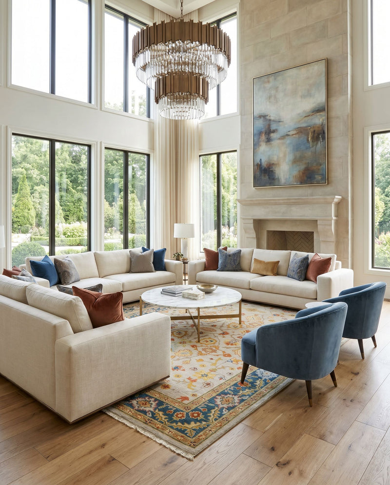 Soumek SMK-103 Hand Knotted Rug as the centerpiece of a bright luxury living room — a hand knotted traditional area rug in teal, burnt orange, mustard and ice blue tones