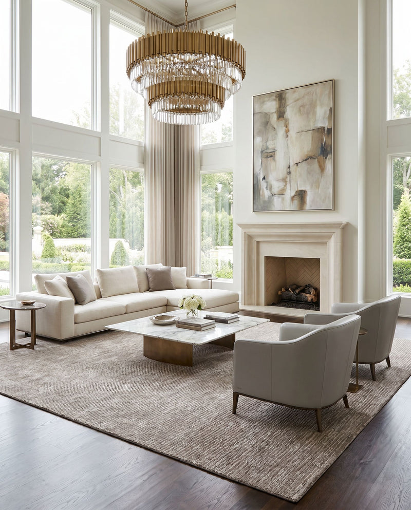 Malta MTA-2302 Hand Loomed Rug as the centerpiece of a bright luxury living room — a hand loomed modern area rug in medium gray and black tones