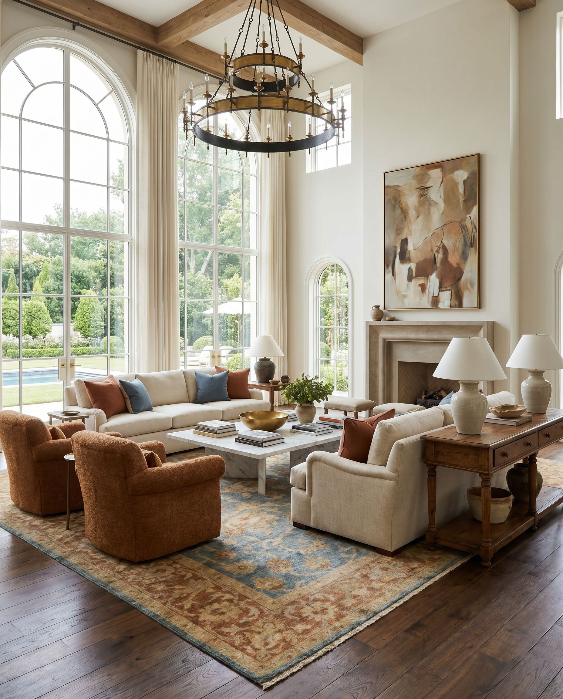 Hillcrest HIL-9026 Hand Knotted Rug as the centerpiece of a bright luxury living room — a hand knotted traditional area rug in teal, camel, olive and light green tones