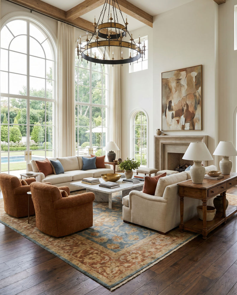 Hillcrest HIL-9026 Hand Knotted Rug as the centerpiece of a bright luxury living room — a hand knotted traditional area rug in teal, camel, olive and light green tones