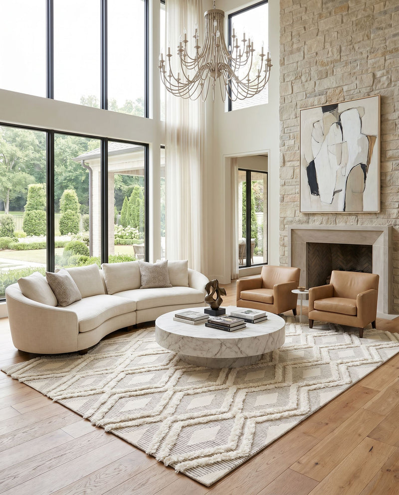 Cherokee CHK-2305 Hand Tufted Rug as the centerpiece of a bright luxury living room — a hand tufted global area rug in brown and cream tones
