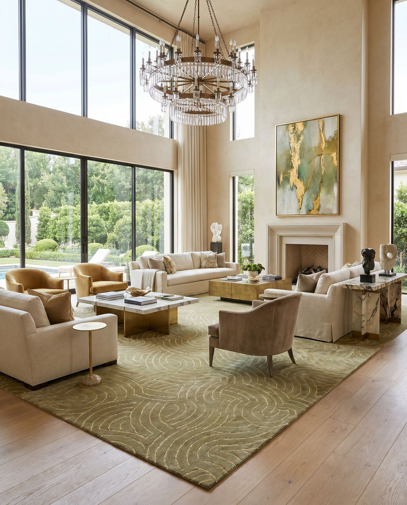 Shibui SH-7401 Hand Knotted Rug as the centerpiece of a bright luxury living room — a hand knotted traditional area rug in multicolor tones