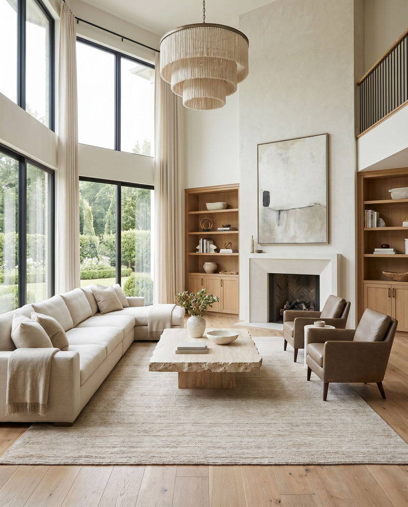 Cisse CCC-2301 Hand Tufted Rug as the centerpiece of a bright luxury living room — a hand tufted cottage area rug in mauve and cream tones
