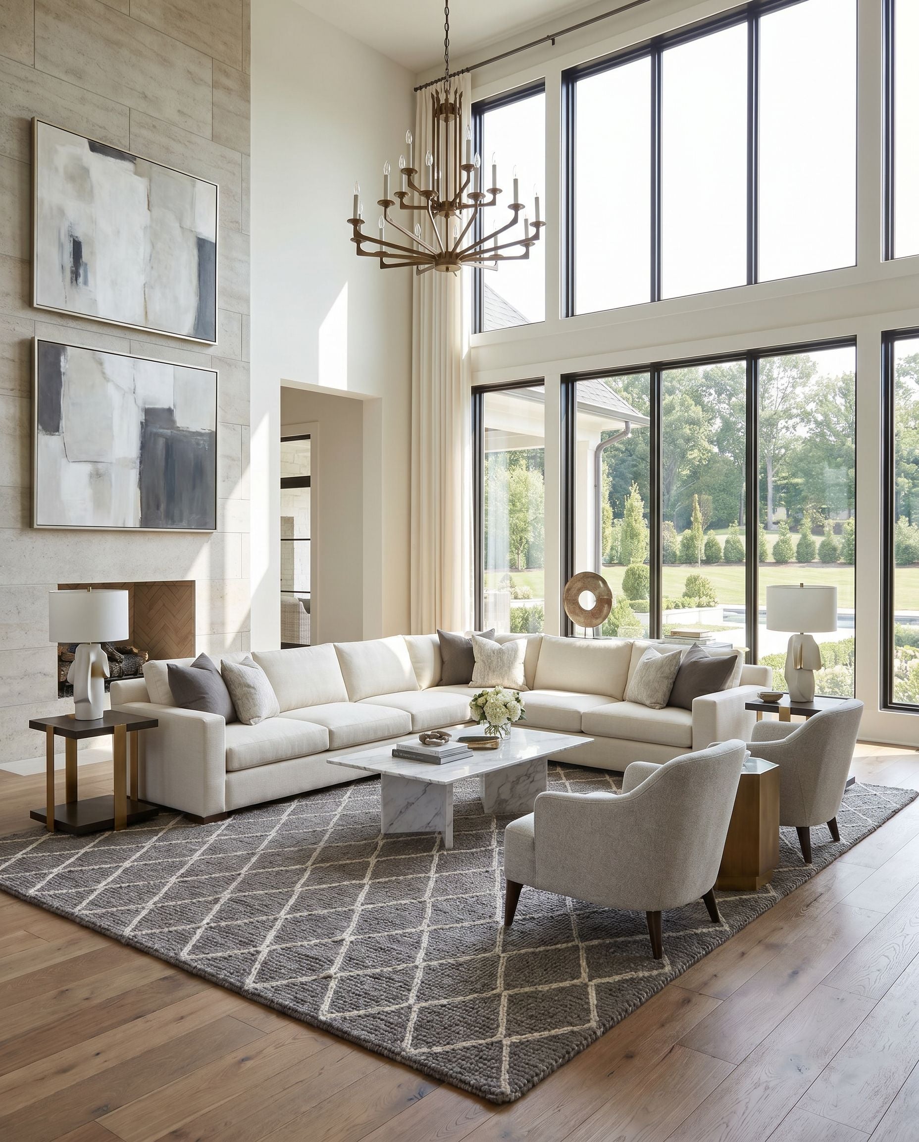 Whistler WSR-2301 Hand Woven Rug as the centerpiece of a bright luxury living room — a hand woven modern area rug in charcoal and oatmeal tones