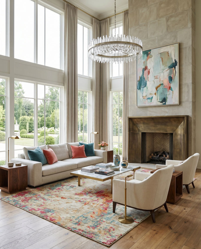 Odyssey ODY-2302 Hand Knotted Rug as the centerpiece of a bright luxury living room — a hand knotted modern area rug in olive, tan, teal and peach tones