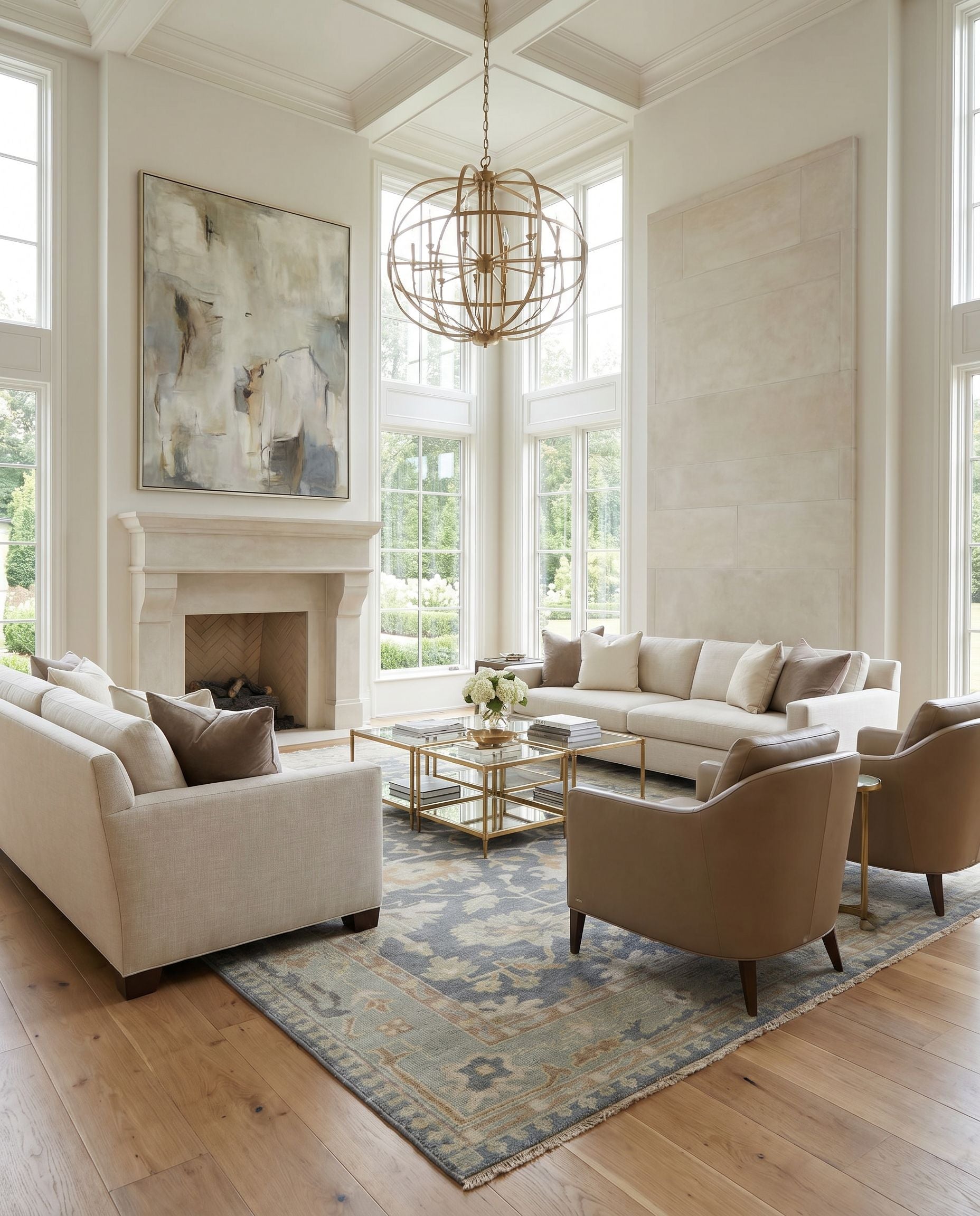 Cappadocia CPP-5020 Hand Knotted Rug as the centerpiece of a bright luxury living room — a hand knotted traditional area rug in medium gray, seafoam, cream and taupe tones