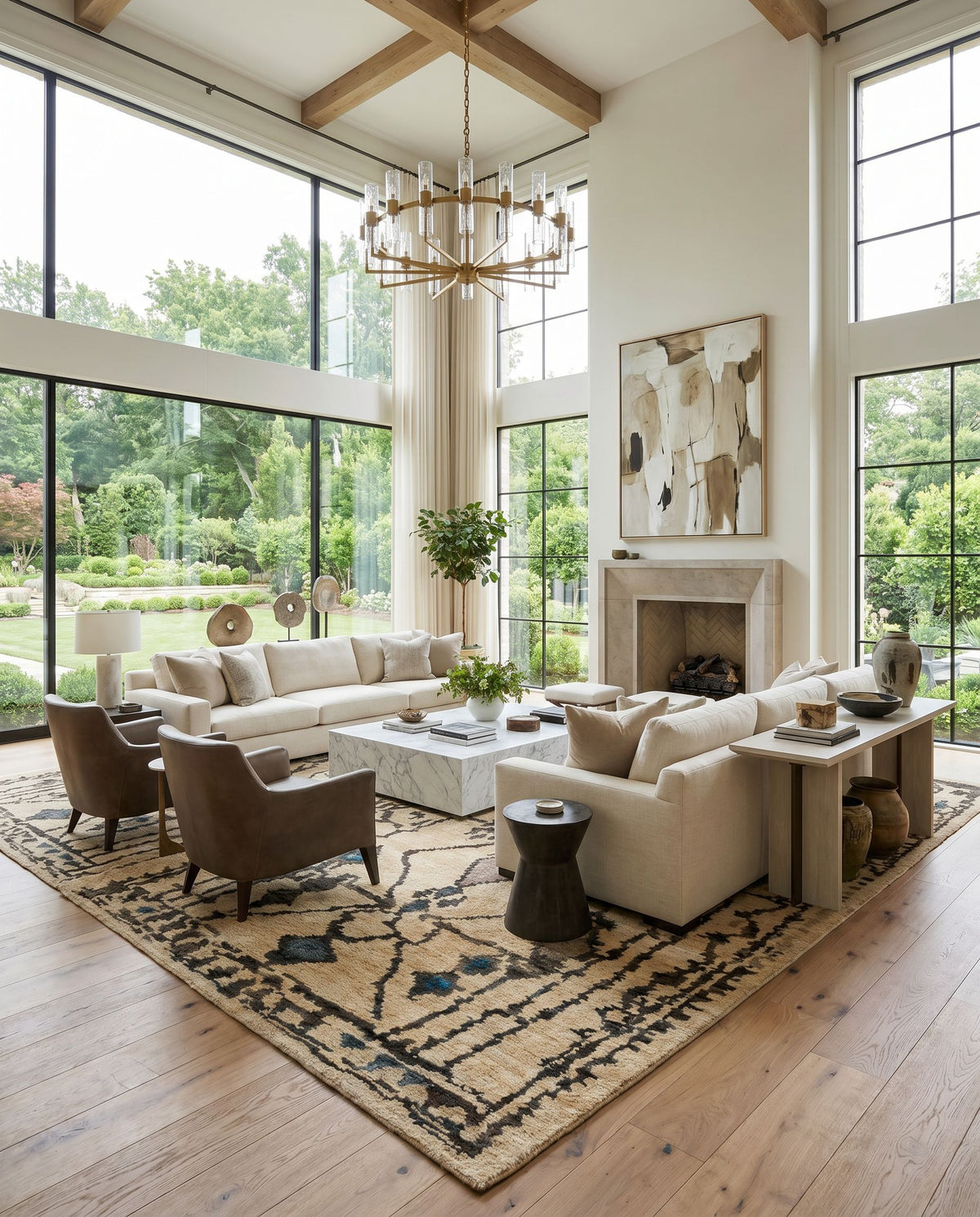 Medina MED-1112 Hand Knotted Rug as the centerpiece of a bright luxury living room — a hand knotted global area rug in aqua, beige, tan and taupe tones