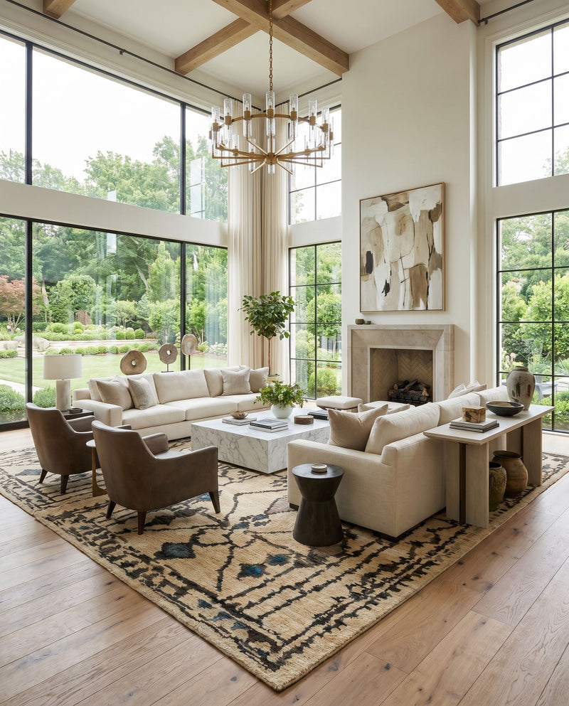 Medina MED-1112 Hand Knotted Rug as the centerpiece of a bright luxury living room — a hand knotted global area rug in aqua, beige, tan and taupe tones
