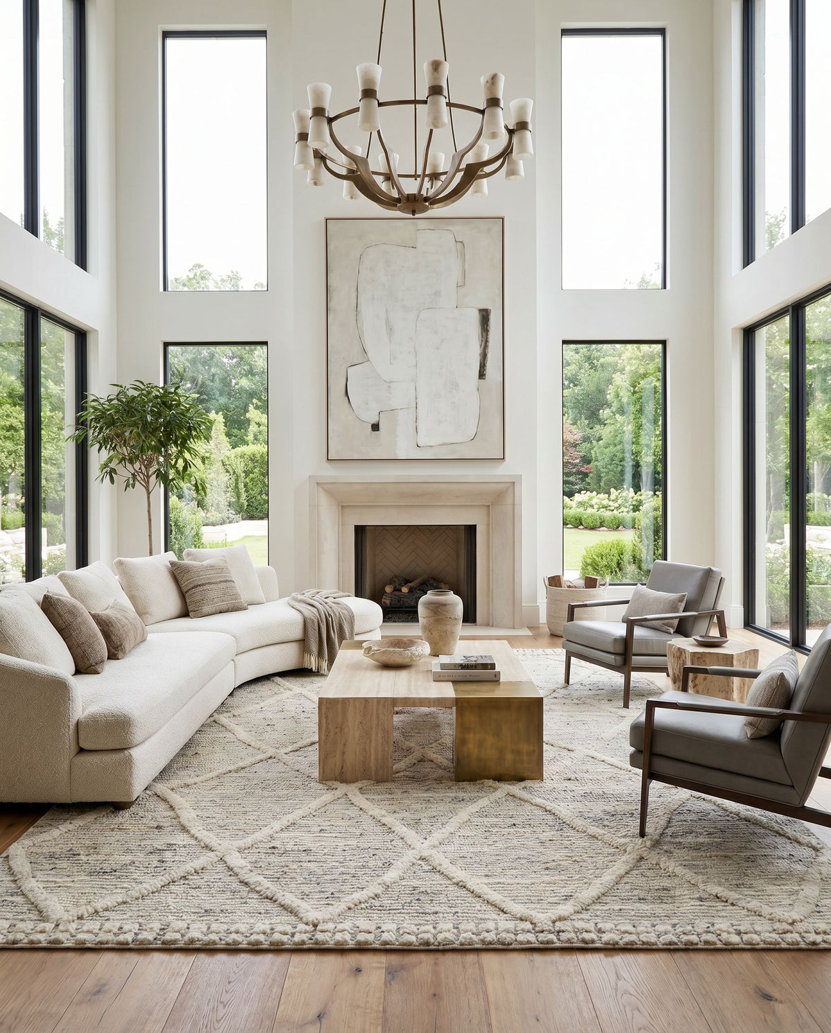 Manisa MNS-2302 Hand Woven Rug as the centerpiece of a bright luxury living room — a hand woven global area rug in charcoal, gray, brown and black tones