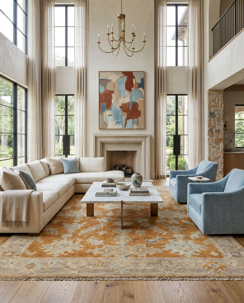 Antalya AAT-2302 Hand Knotted Rug as the centerpiece of a bright luxury living room — a hand knotted traditional area rug in burgandy, brown, charcoal and medium brown tones