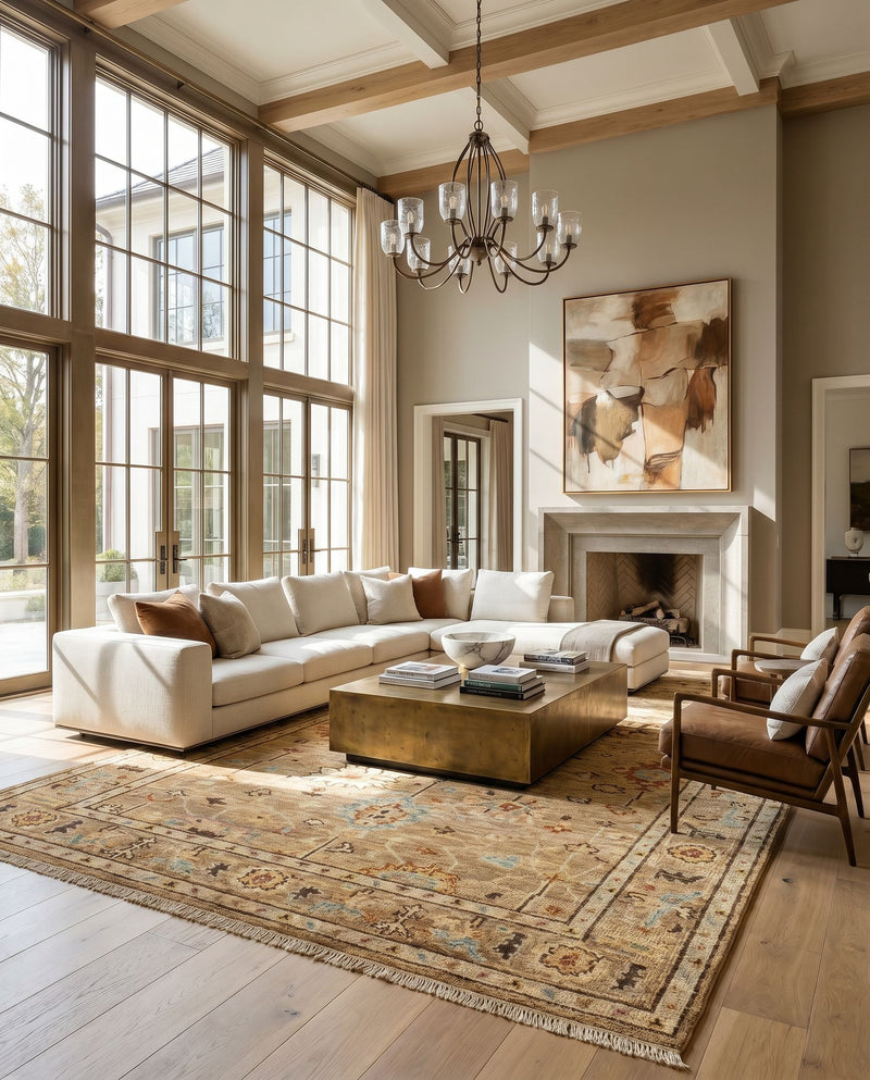 Biscayne BSY-2314 Hand Knotted Rug as the centerpiece of a bright luxury living room — a hand knotted traditional area rug in tan, dark brown, yellow and rose tones
