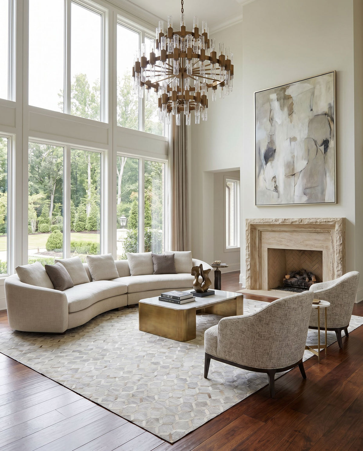 Medora MOD-1005 Hand Crafted Rug as the centerpiece of a bright luxury living room — a hand crafted modern area rug in medium brown, tan, cream and light gray tones