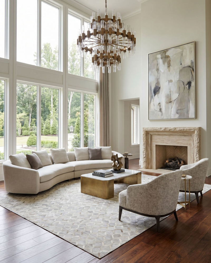Medora MOD-1005 Hand Crafted Rug as the centerpiece of a bright luxury living room — a hand crafted modern area rug in medium brown, tan, cream and light gray tones