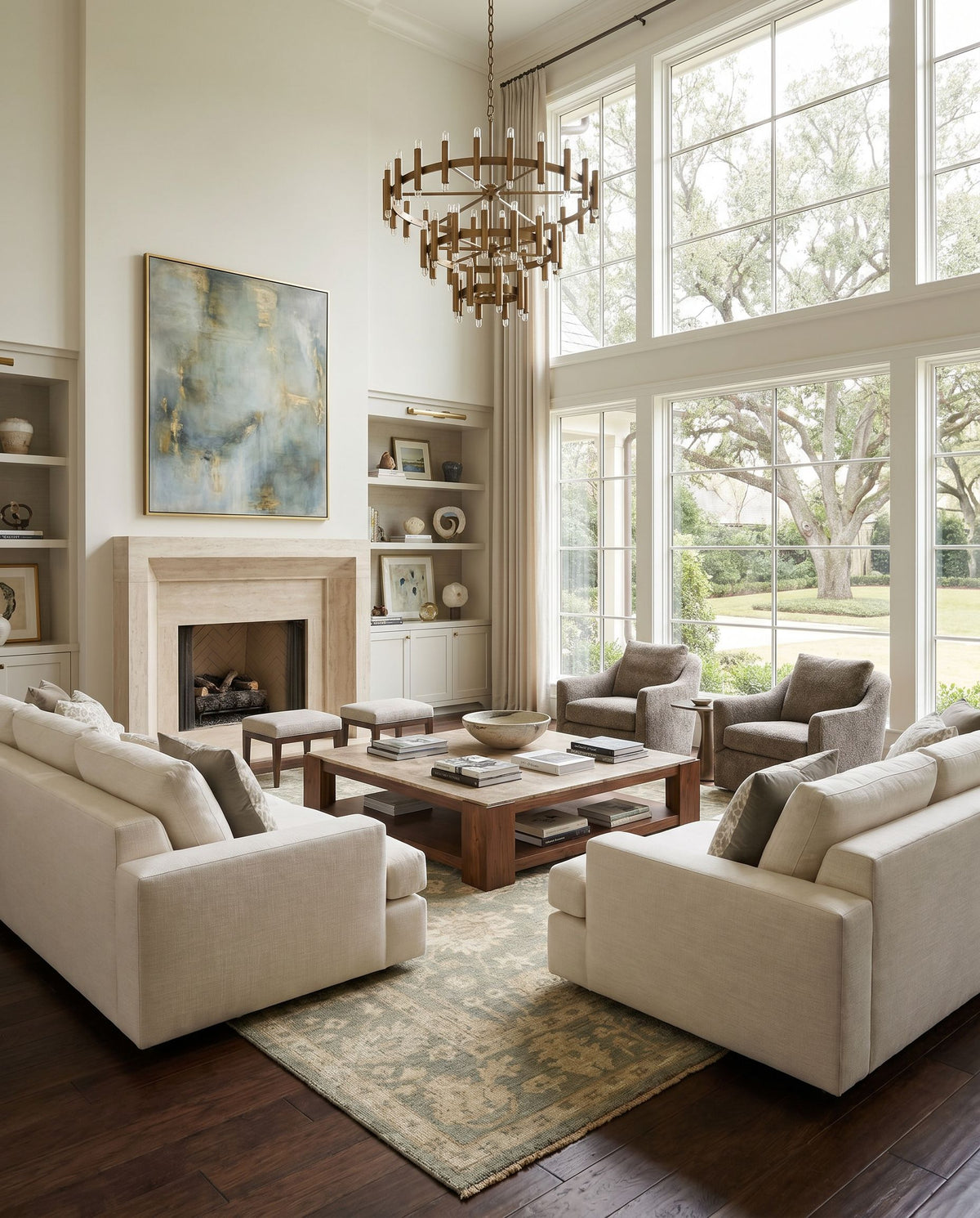Reign REG-2306 Hand Knotted Rug as the centerpiece of a bright luxury living room — a hand knotted traditional area rug in dusty sage, tan, beige and light brown tones