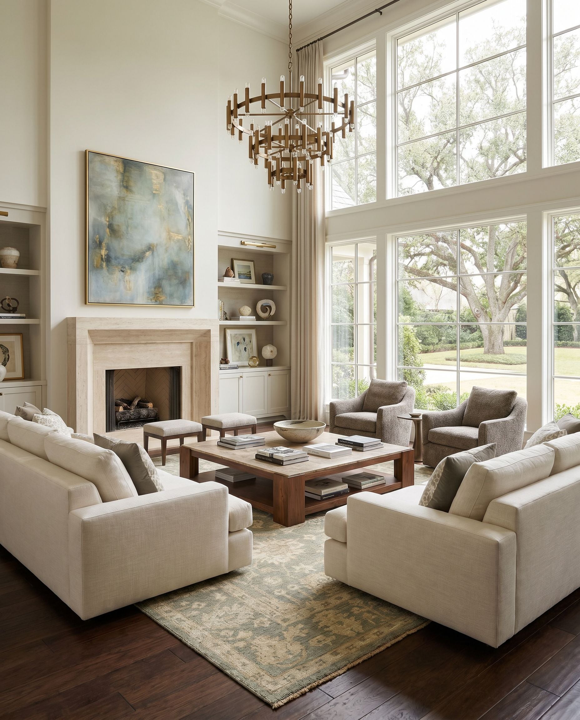Reign REG-2306 Hand Knotted Rug as the centerpiece of a bright luxury living room — a hand knotted traditional area rug in dusty sage, tan, beige and light brown tones