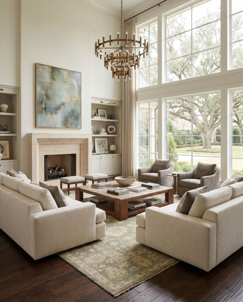 Reign REG-2306 Hand Knotted Rug as the centerpiece of a bright luxury living room — a hand knotted traditional area rug in dusty sage, tan, beige and light brown tones