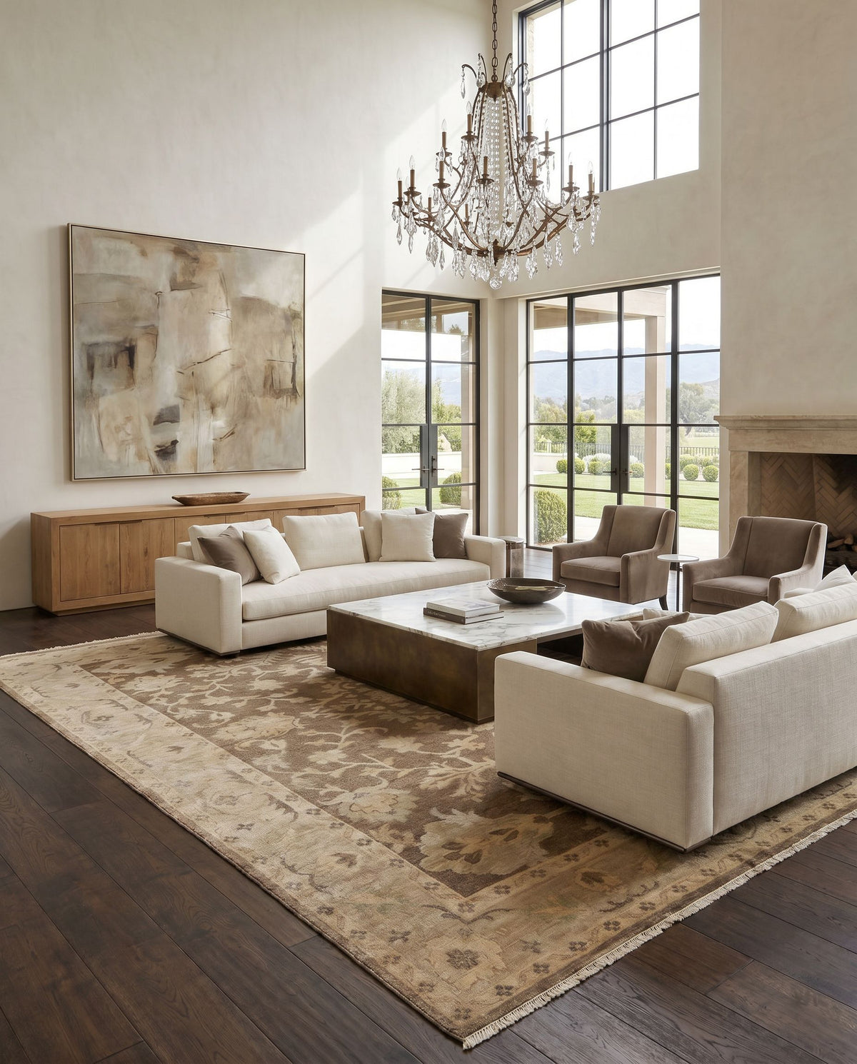 Hillcrest HIL-9011 Hand Knotted Rug as the centerpiece of a bright luxury living room — a hand knotted traditional area rug in ivory, medium gray, charcoal and tan tones