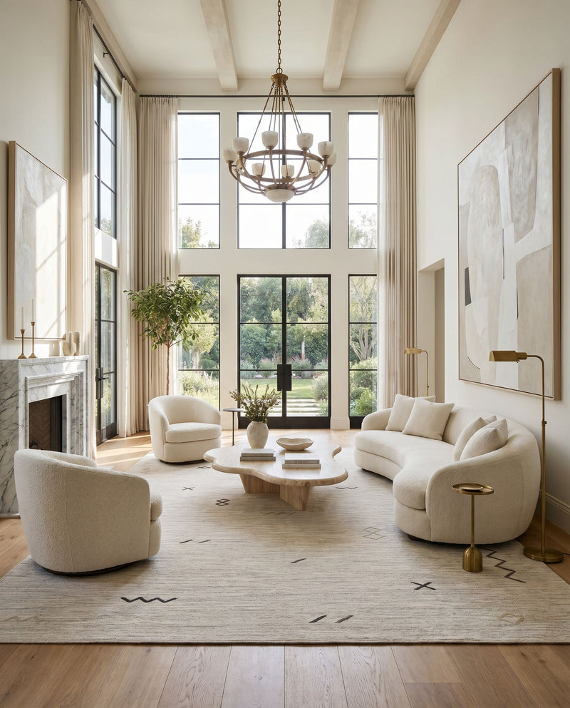 Montezuma MTZ-2005 Hand Woven Rug as the centerpiece of a bright luxury living room — a hand woven global area rug in light gray, light brown and black tones