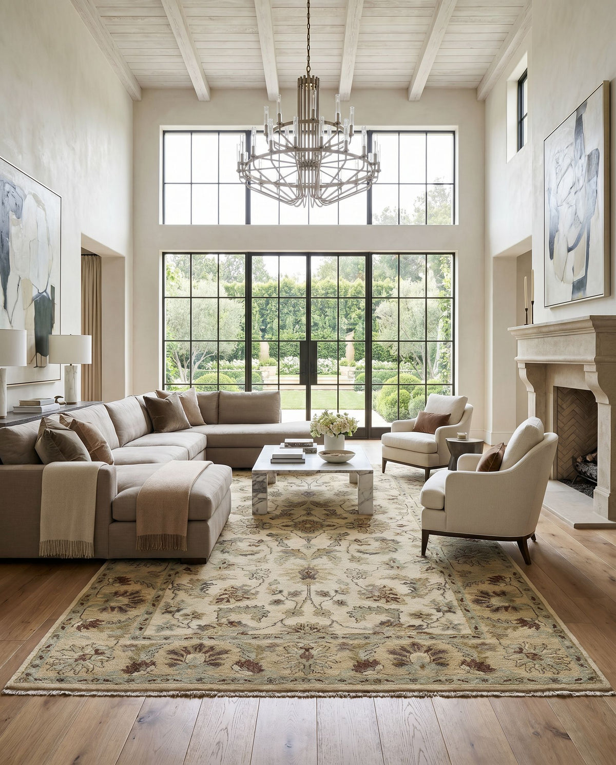 Estate EST-10505 Hand Knotted Rug as the centerpiece of a bright luxury living room — a hand knotted traditional area rug in driftwood tones