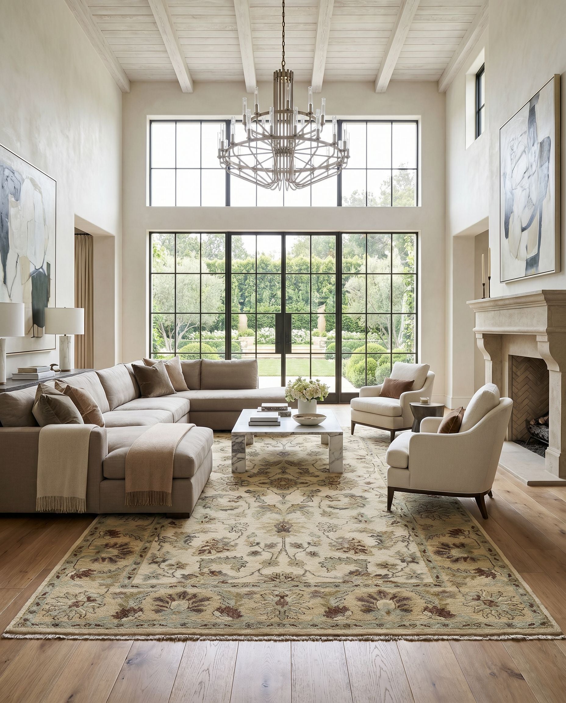 Estate EST-10505 Hand Knotted Rug as the centerpiece of a bright luxury living room — a hand knotted traditional area rug in driftwood tones