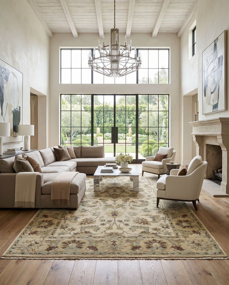 Estate EST-10505 Hand Knotted Rug as the centerpiece of a bright luxury living room — a hand knotted traditional area rug in driftwood tones