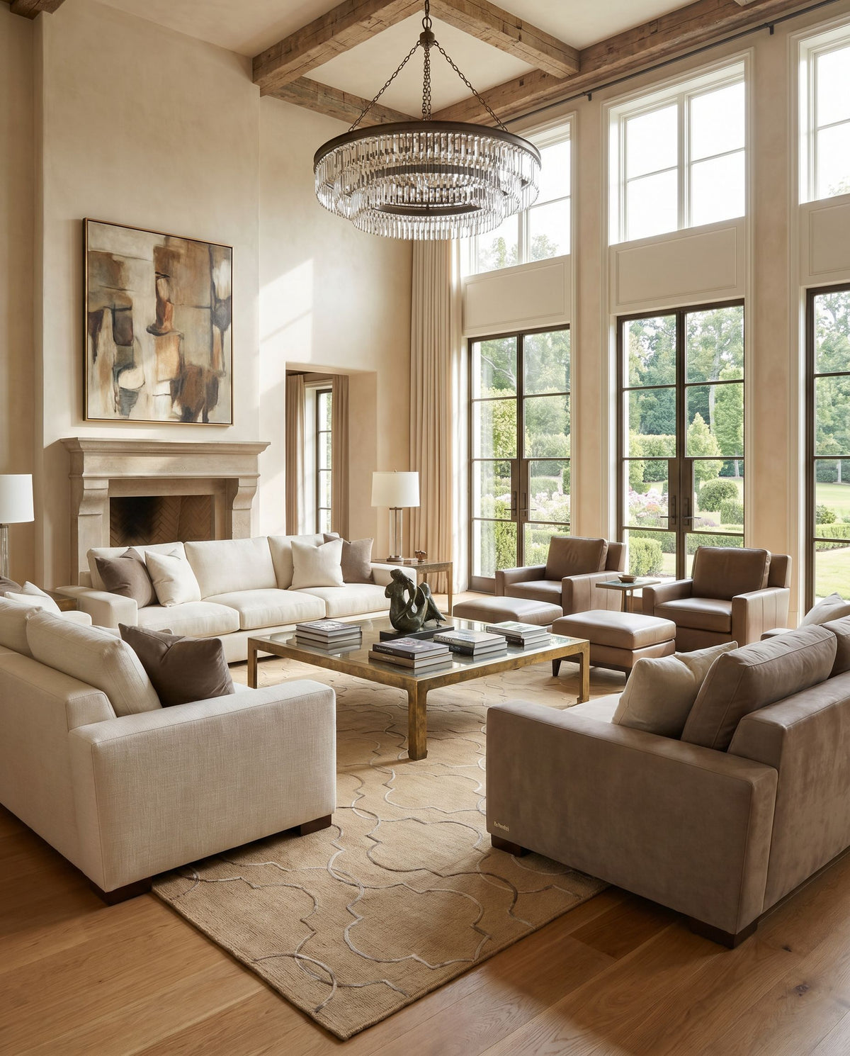 Seabrook SBK-9021 Hand Woven Rug as the centerpiece of a bright luxury living room — a hand woven global area rug in tan, charcoal, brown and ivory tones
