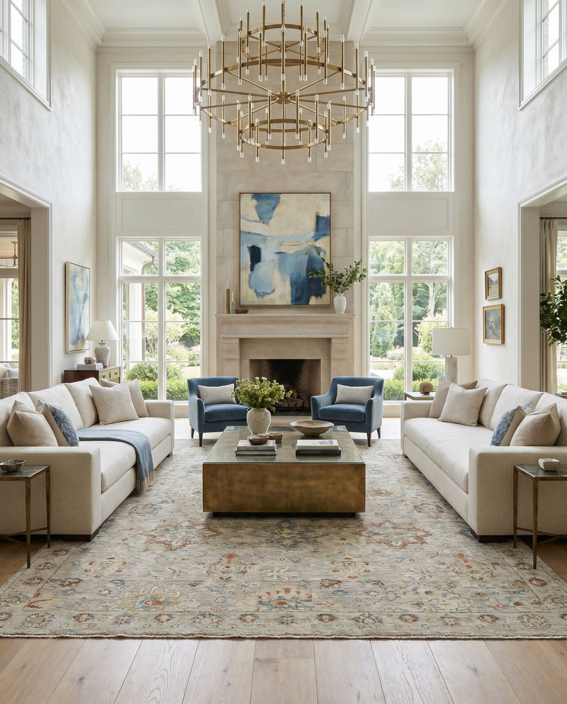 Anatolia ANY-2305 Hand Knotted Rug as the centerpiece of a bright luxury living room — a hand knotted traditional area rug in dark blue, rust, taupe and dark brown tones