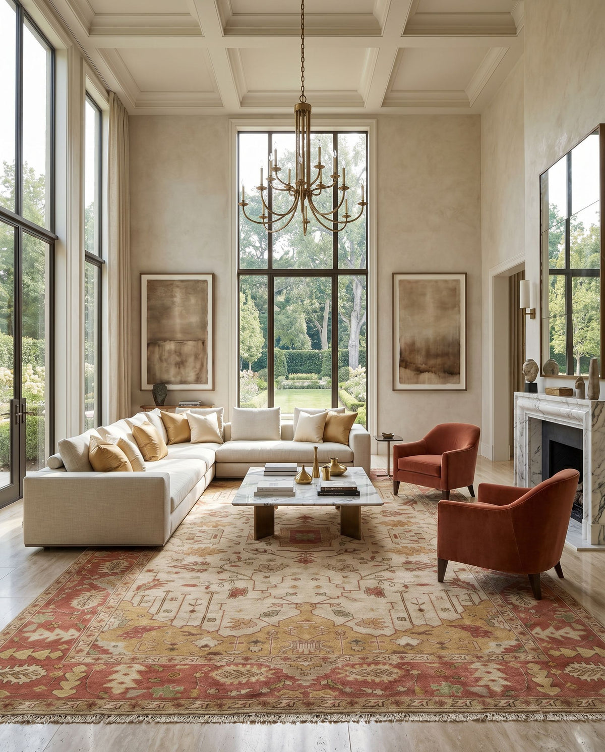 Adana IT-1181 Hand Knotted Rug styled in an elegant designer living room — hand knotted traditional area rug in mustard, burgundy, brown and medium brown tones