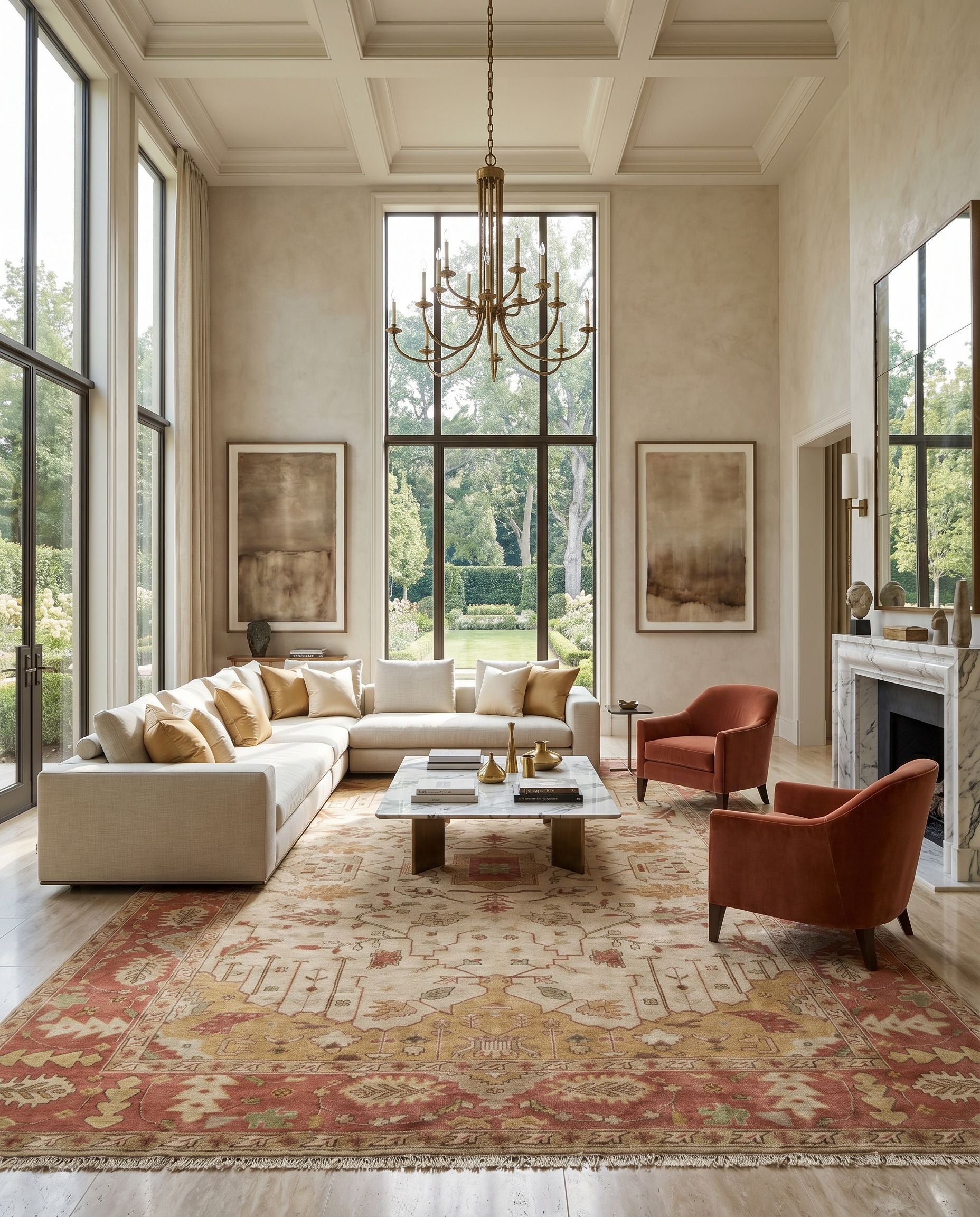 Adana IT-1181 Hand Knotted Rug styled in an elegant designer living room — hand knotted traditional area rug in mustard, burgundy, brown and medium brown tones