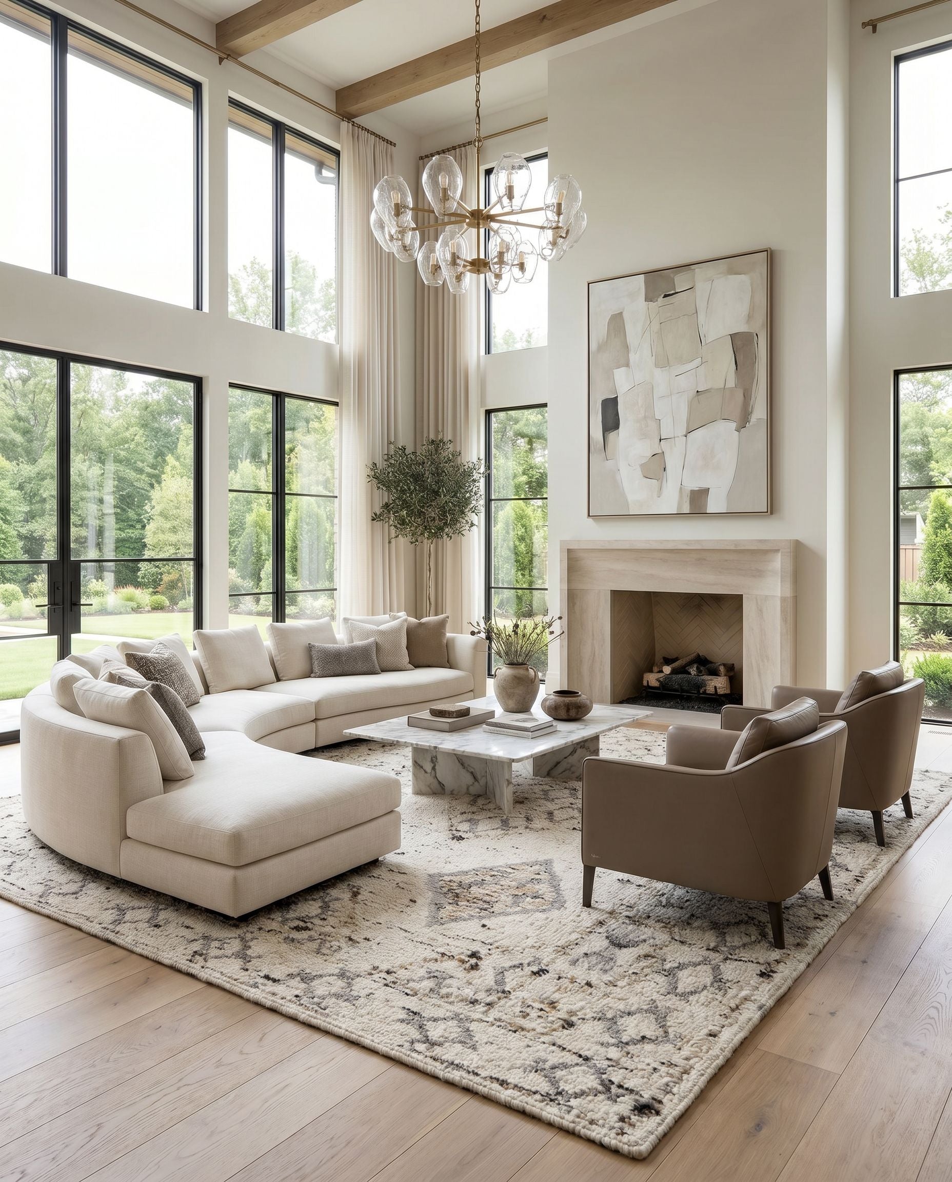 Bremen BEN-2300 Hand Woven Rug styled in an elegant designer living room — hand woven global area rug in cream, gray, charcoal and black tones