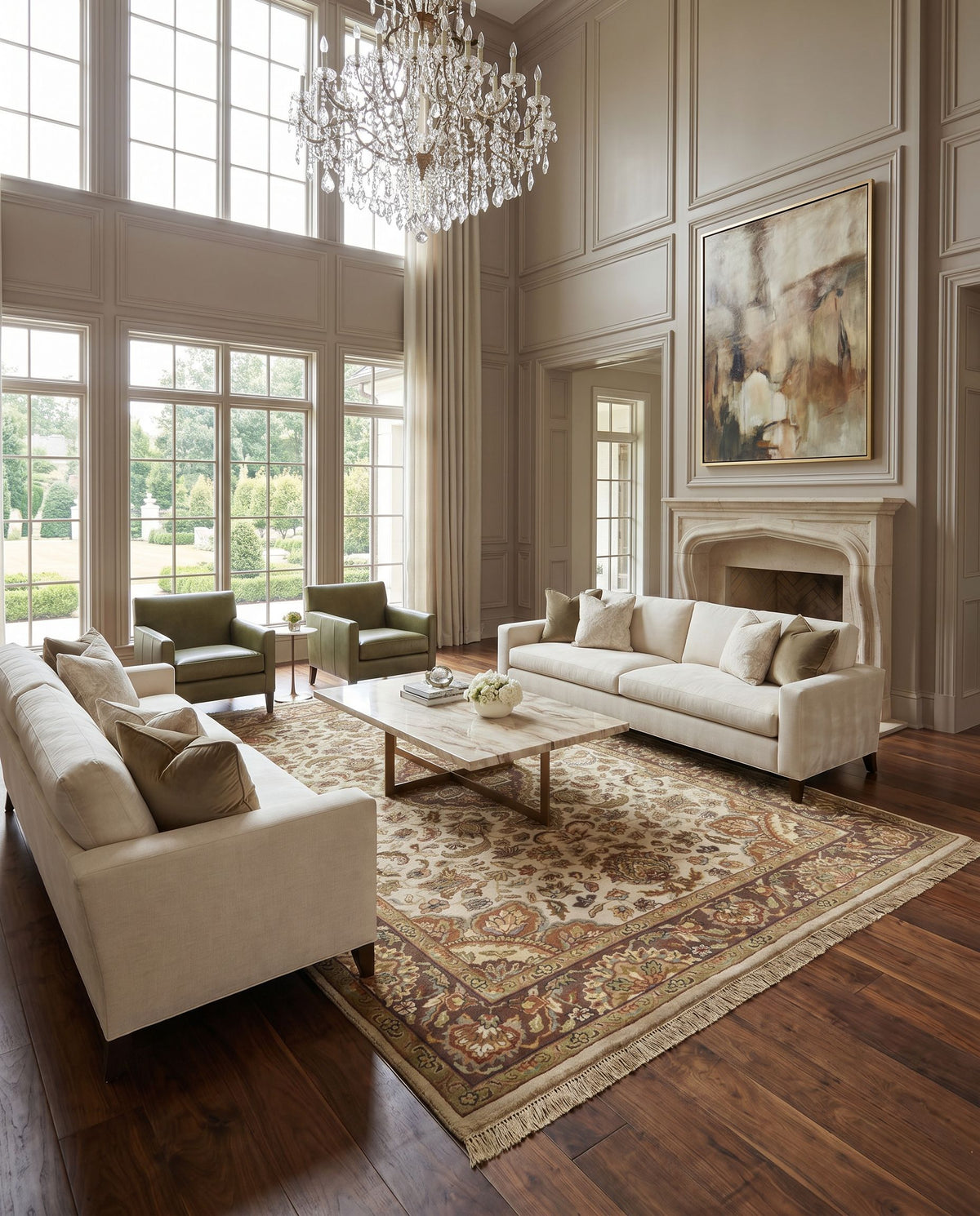 Taj Mahal TJ-1142 Hand Knotted Rug styled in an elegant designer living room — hand knotted traditional area rug in multicolor tones