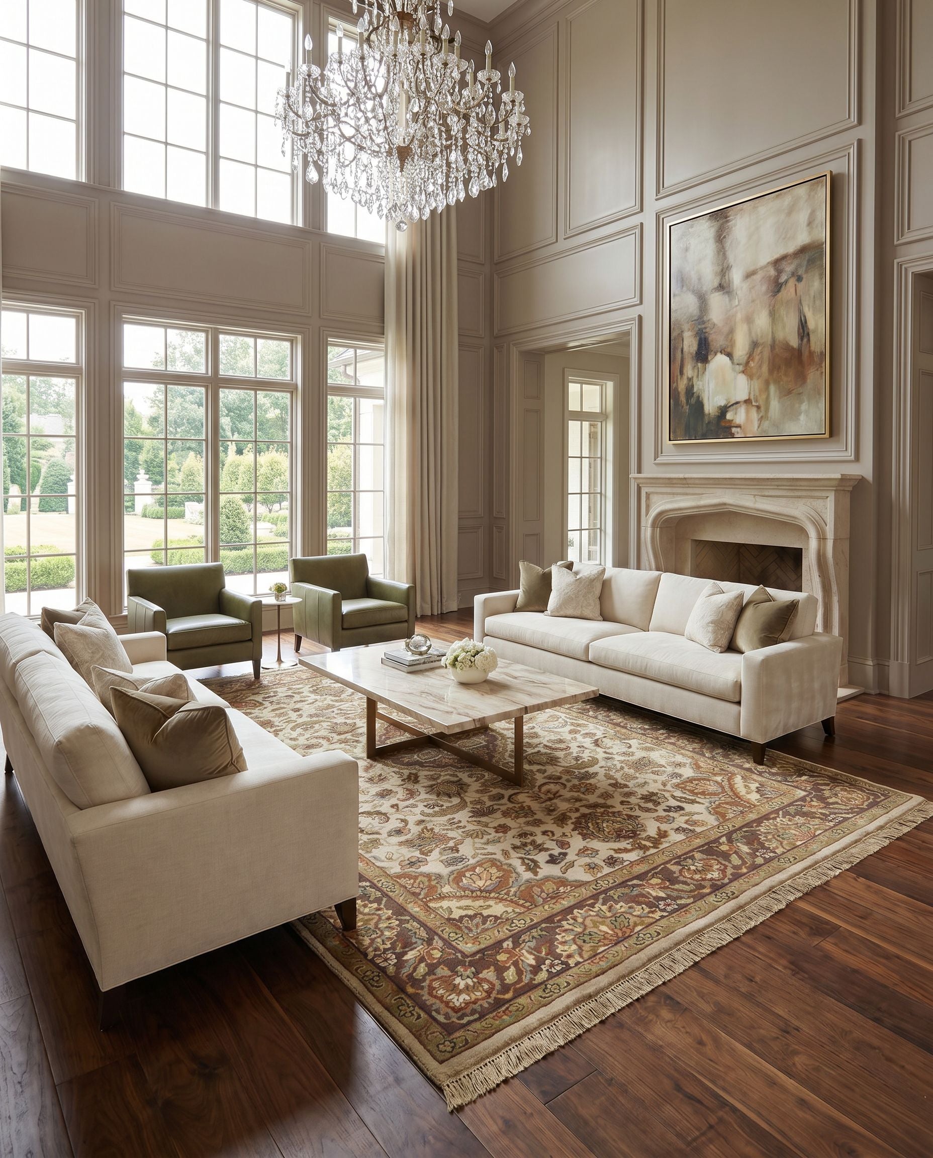 Taj Mahal TJ-1142 Hand Knotted Rug styled in an elegant designer living room — hand knotted traditional area rug in multicolor tones