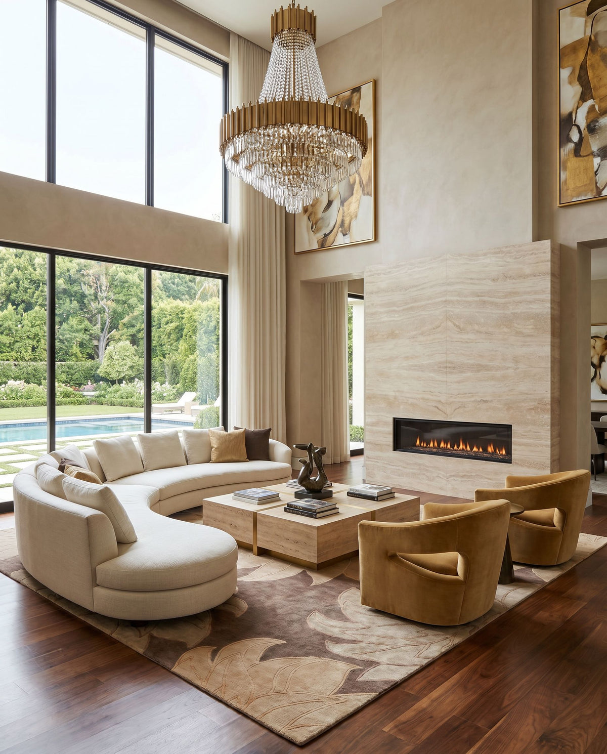 Mugal IN-8269 Hand Knotted Rug styled in an elegant designer living room — hand knotted modern area rug in multicolor tones