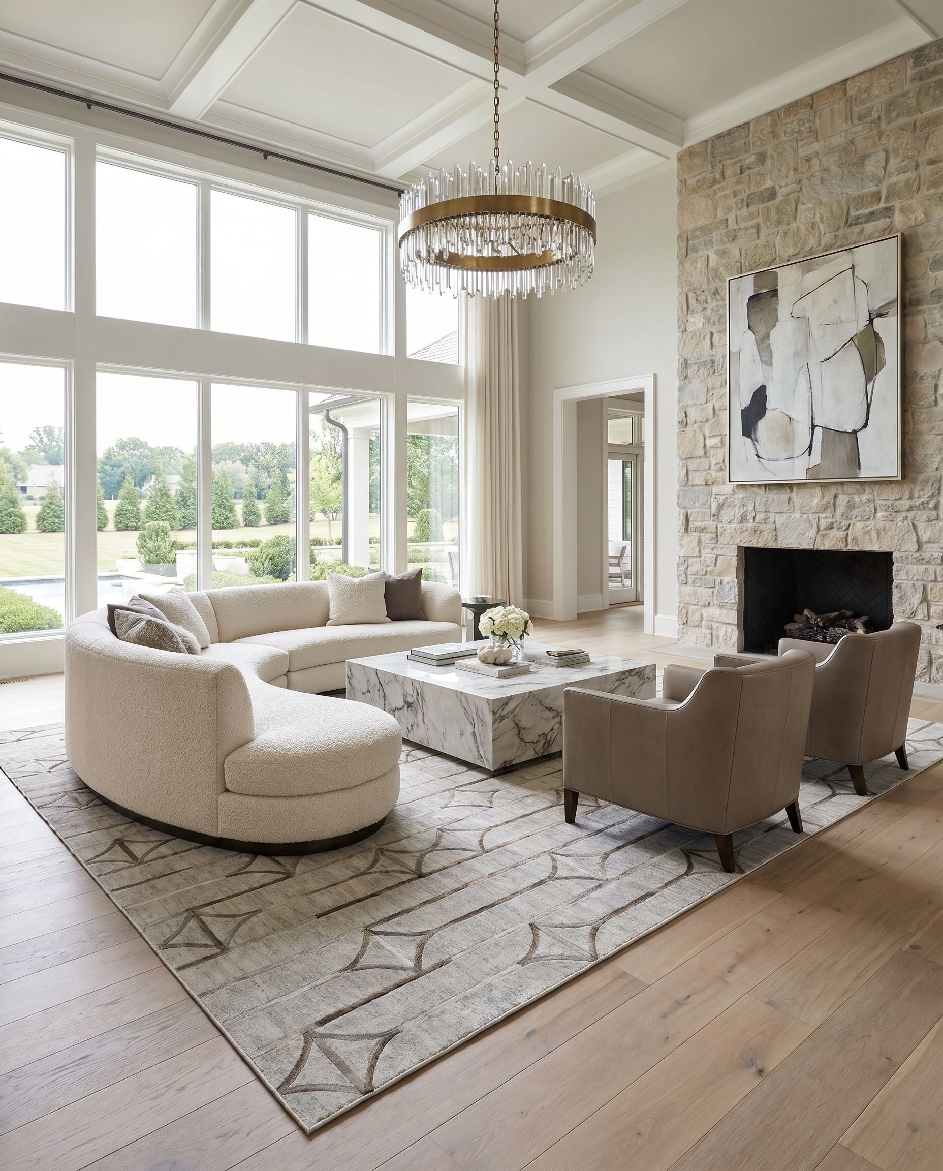 Eloquent ELQ-2304 Hand Crafted Rug styled in an elegant designer living room — hand crafted modern area rug in light gray, oatmeal, medium brown and dark brown tones