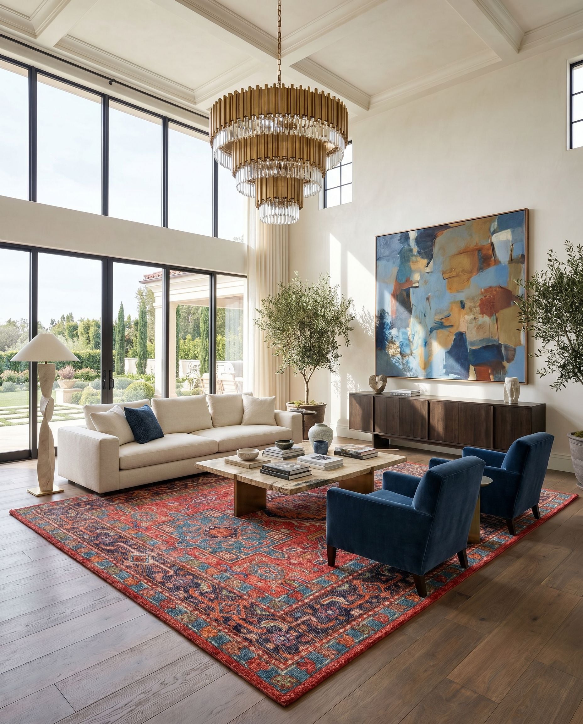 Kars KSA-2306 Hand Knotted Rug styled in an elegant designer living room — hand knotted traditional area rug in red, blue, grass green and coral tones