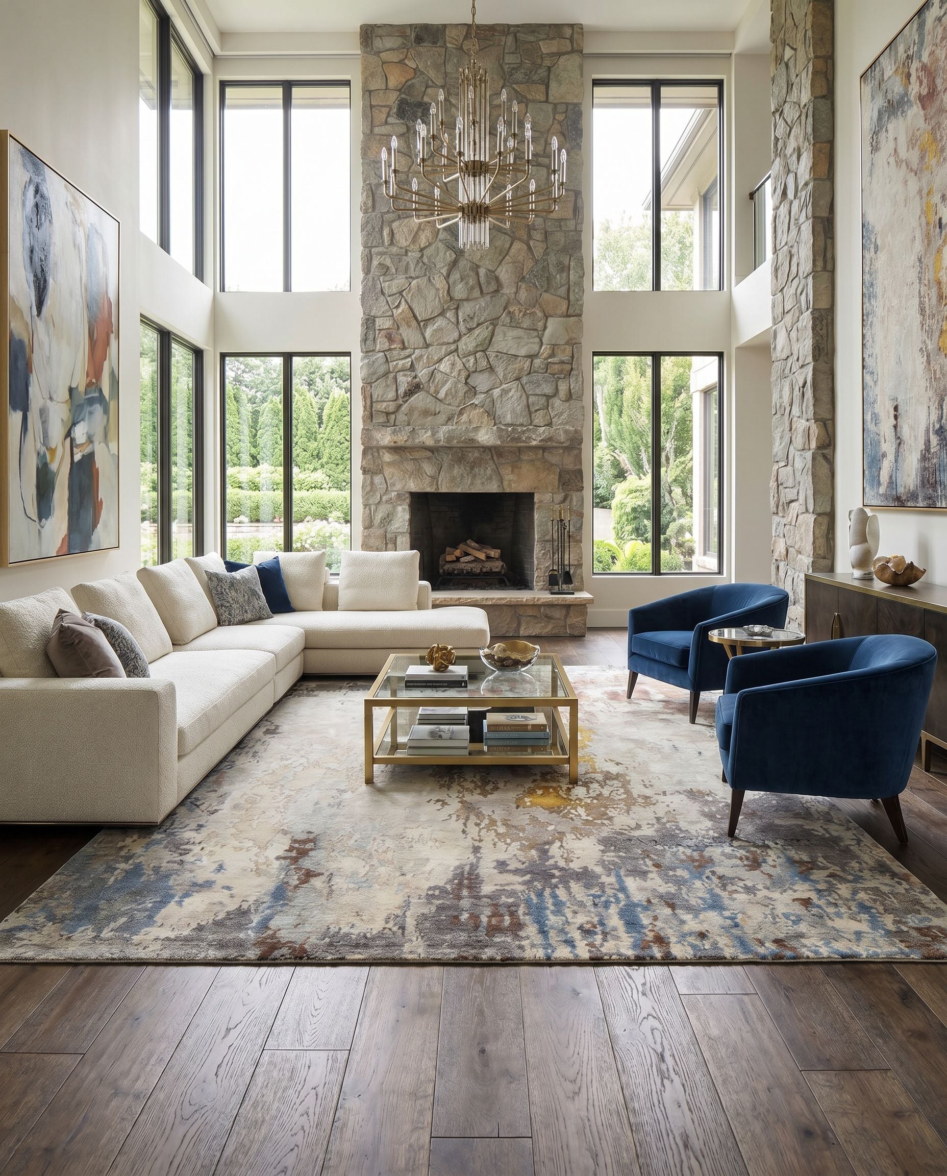 Imola IML-1000 Hand Knotted Rug styled in an elegant designer living room — hand knotted modern area rug in blue, tan, black and mauve tones