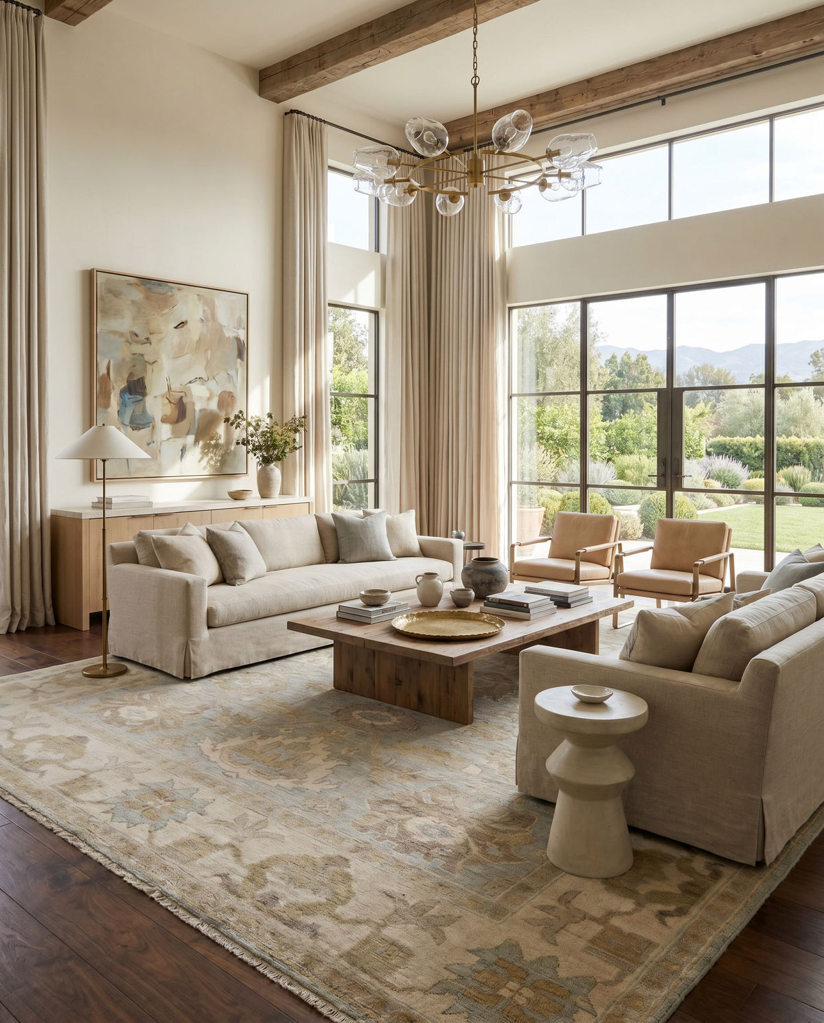 Hillcrest HIL-9033 Hand Knotted Rug styled in an elegant designer living room — hand knotted traditional area rug in wheat, light sage, mustard and beige tones