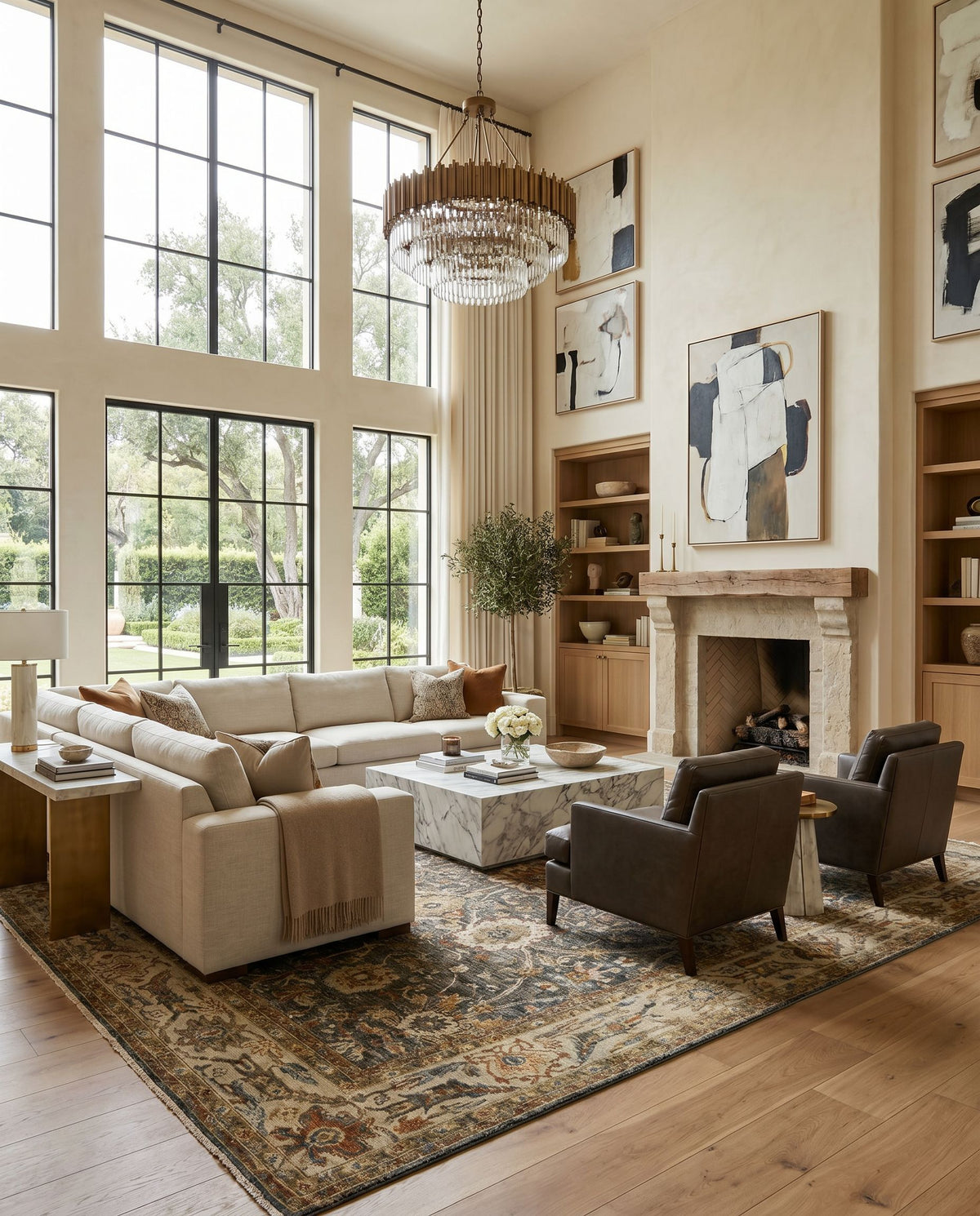 Anatolia ANY-2301 Hand Knotted Rug styled in an elegant designer living room — hand knotted traditional area rug in medium green, rust, olive and beige tones