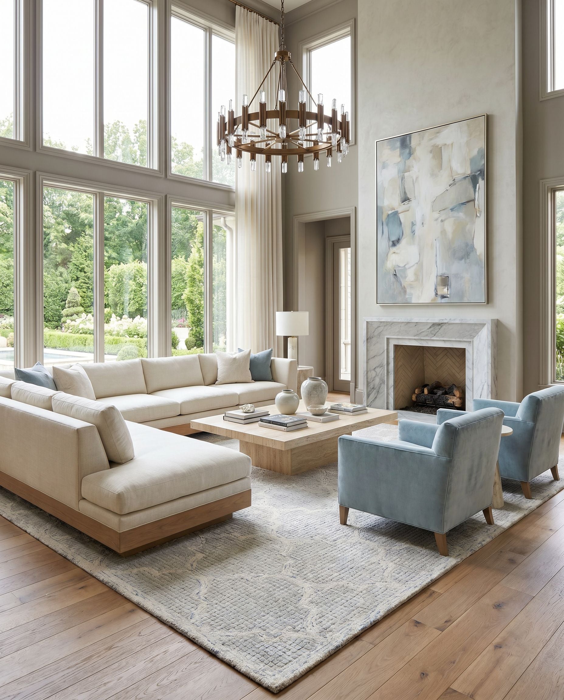 Starlit STR-2306 Hand Tufted Rug styled in an elegant designer living room — hand tufted cottage area rug in light slate, blue and cream tones