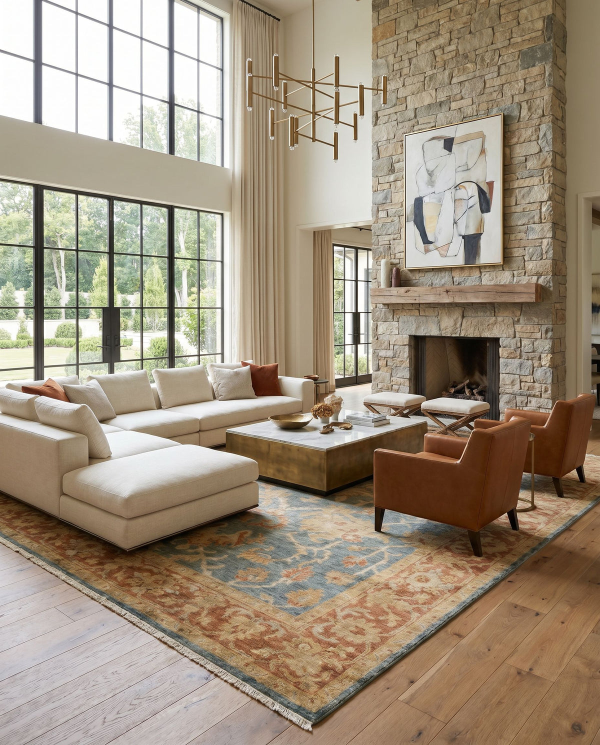 Hillcrest HIL-9026 Hand Knotted Rug styled in an elegant designer living room — hand knotted traditional area rug in teal, camel, olive and light green tones