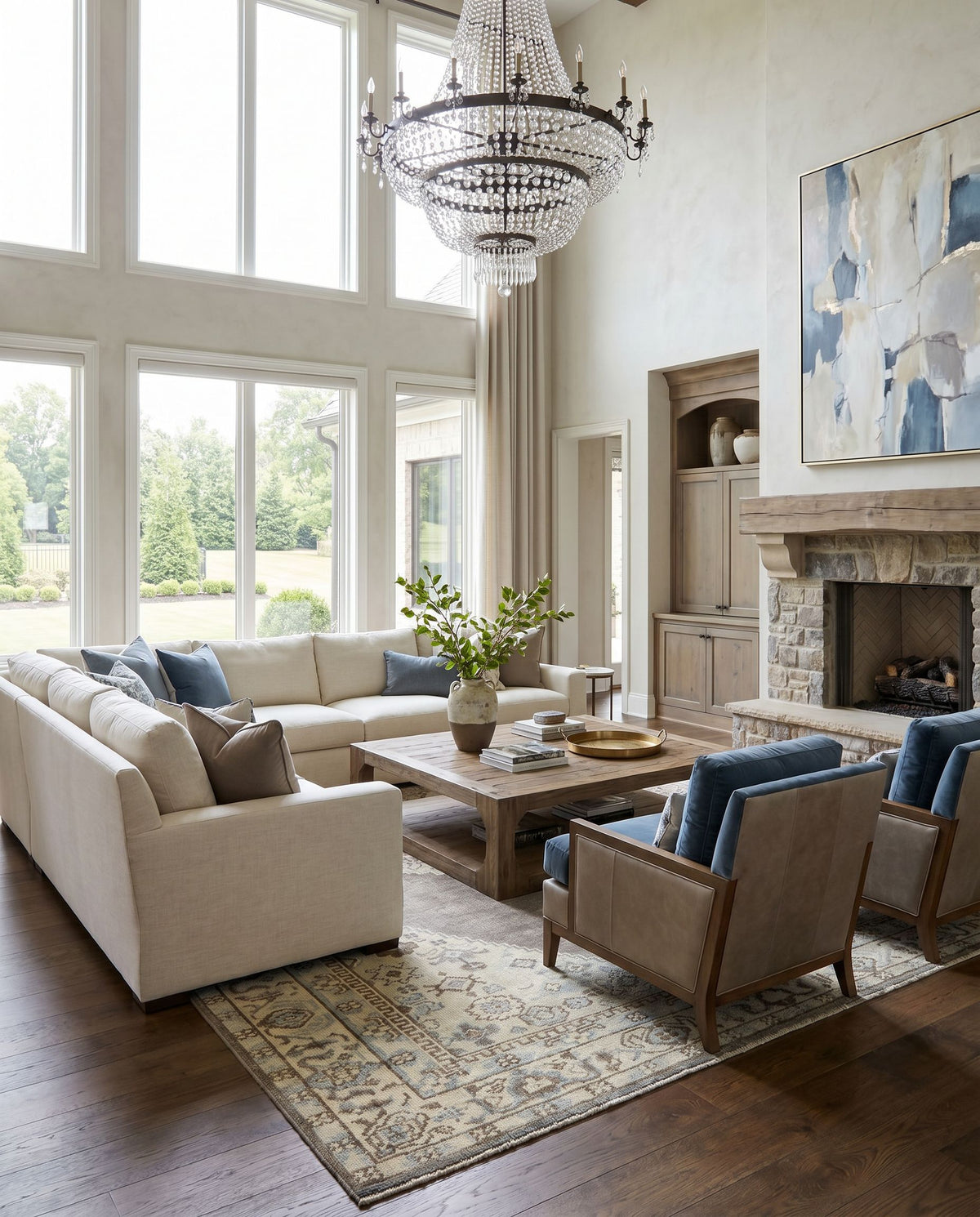 Palais PAL-2304 Hand Knotted Rug styled in an elegant designer living room — hand knotted traditional area rug in charcoal, denim, light beige and dark brown tones