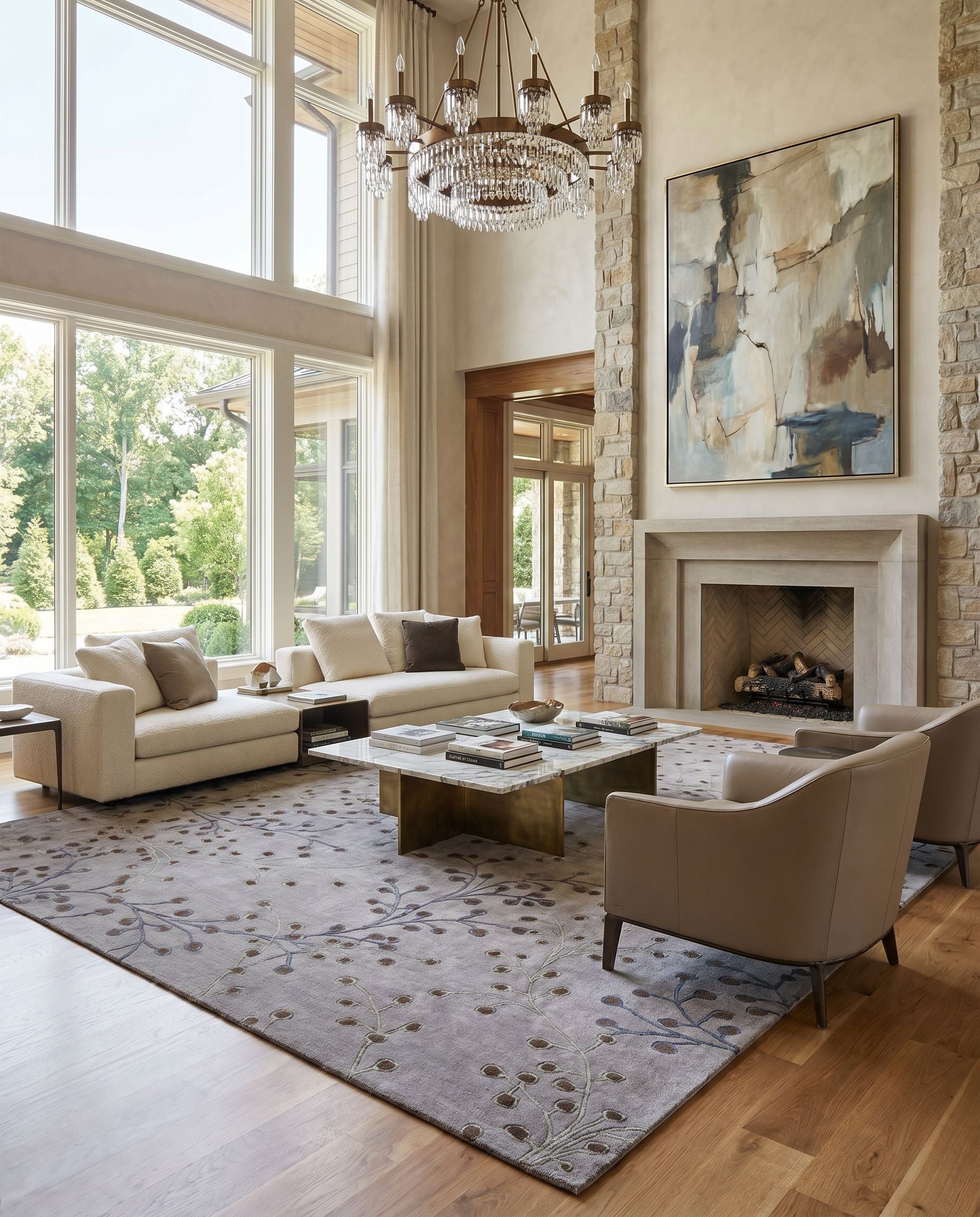 Athena ATH-5055 Hand Tufted Rug styled in an elegant designer living room — hand tufted cottage area rug in dusty sage, medium gray and dark brown tones