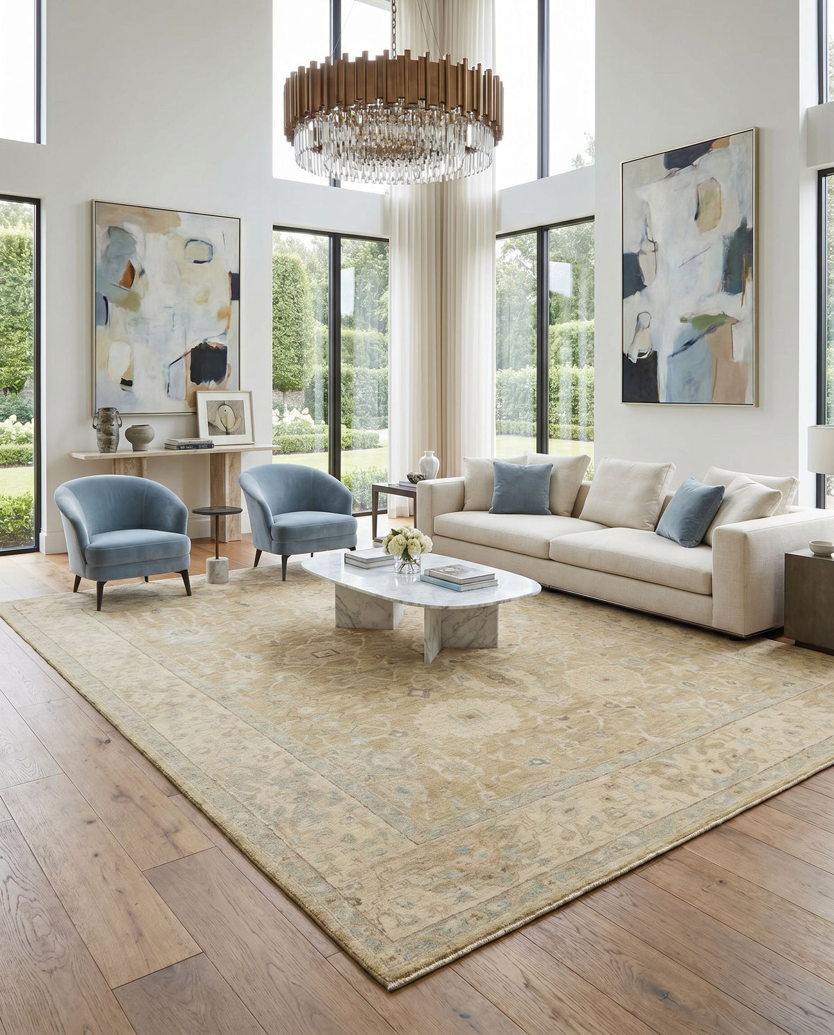 Normandy NOY-8008 Hand Knotted Rug styled in an elegant designer living room — hand knotted traditional area rug in light olive, beige, seafoam and dark brown tones