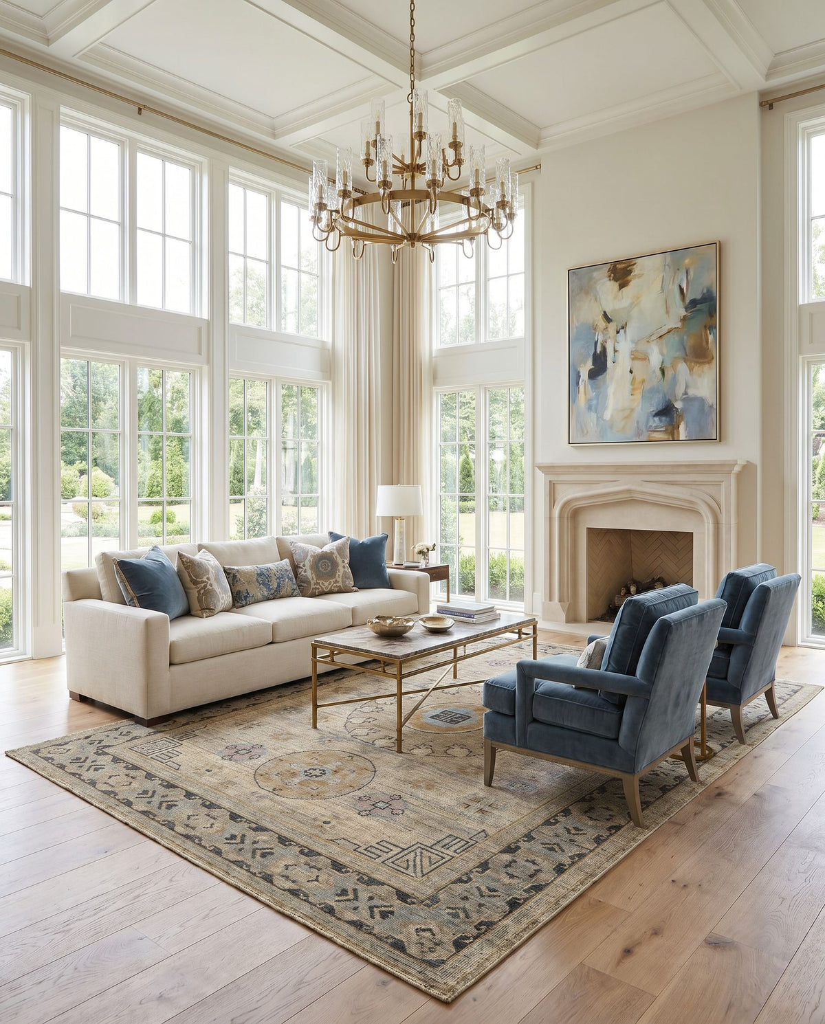 Smyrna SMY-2301 Hand Knotted Rug styled in an elegant designer living room — hand knotted traditional area rug in medium green, mustard, mauve and light blue tones