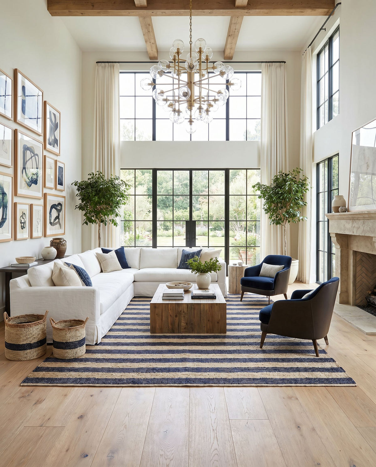 Atina ATA-2302 Hand Woven Rug styled in an elegant designer living room — hand woven cottage area rug in navy and beige tones