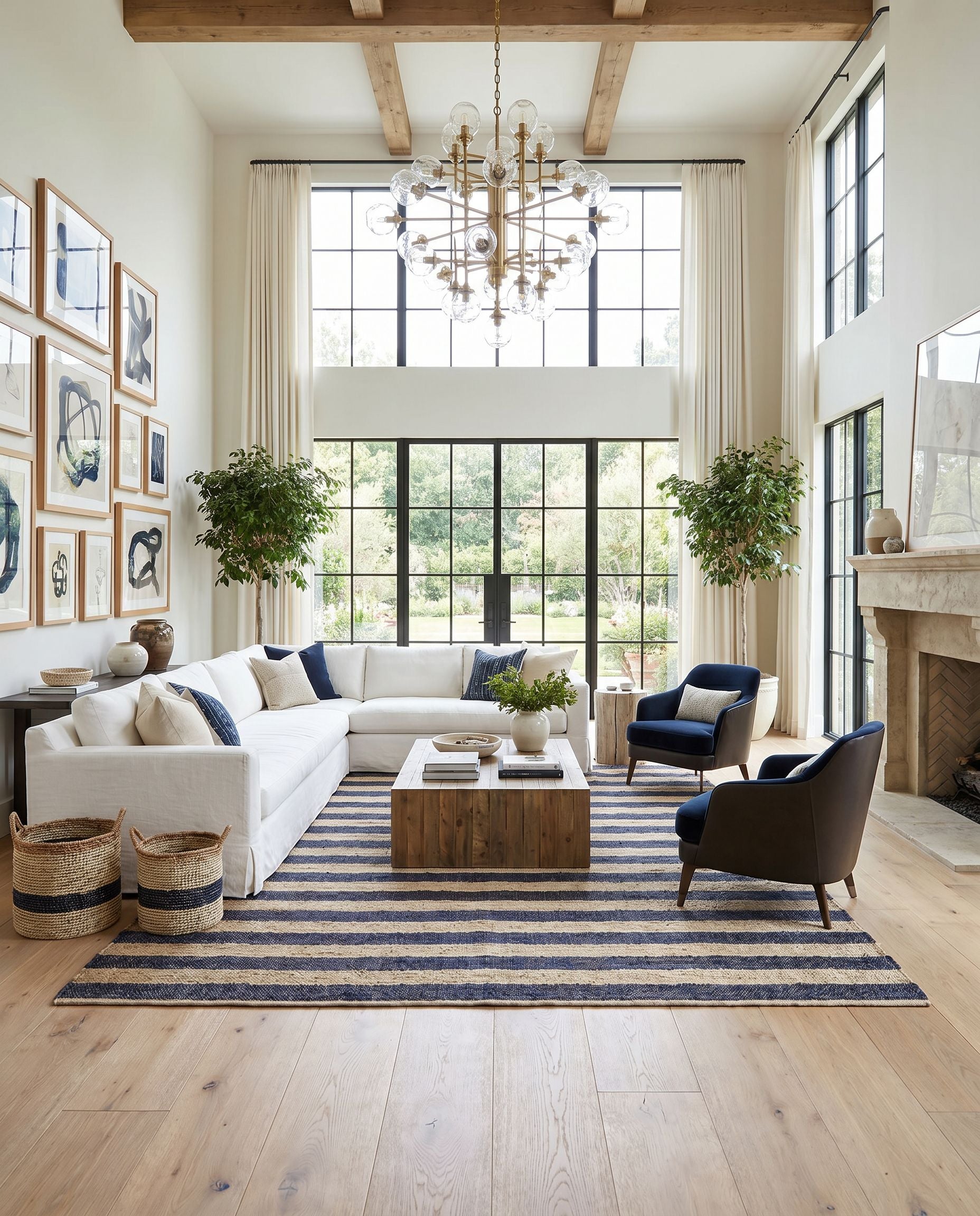 Atina ATA-2302 Hand Woven Rug styled in an elegant designer living room — hand woven cottage area rug in navy and beige tones