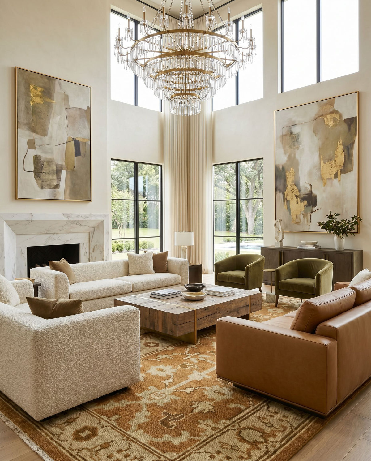 Ainsley AIN-1002 Hand Knotted Rug styled in an elegant designer living room — hand knotted traditional area rug in faded driftwood, dark brown, off white and straw tones